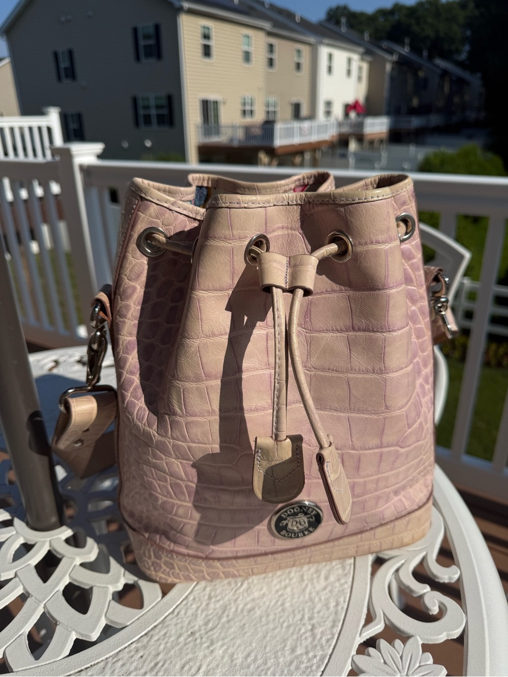 Dooney & Bourke Pale Pink Croc-Embossed Drawstring Bucket Bag